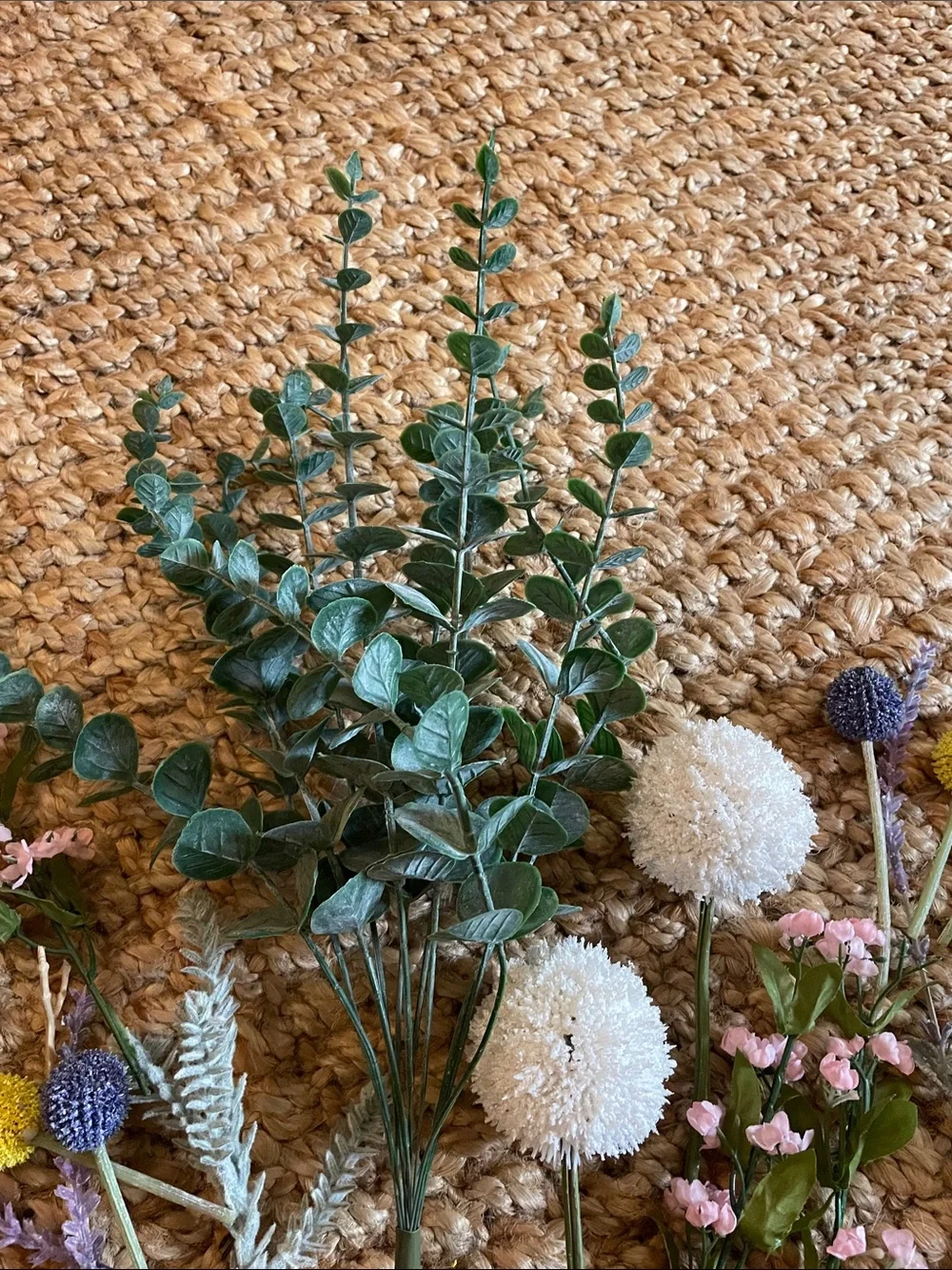 Artificial Eucalyptus & Mixed Wildflower Bouquet - Green, White, Yellow, Purple